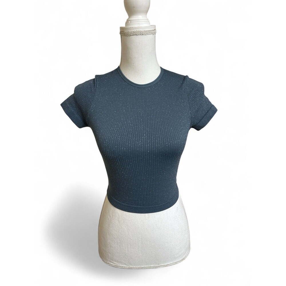 NWT Women’s Wild Fable XXS Blue Silver Sparkle Cropped S/S Shirt Top Seamless